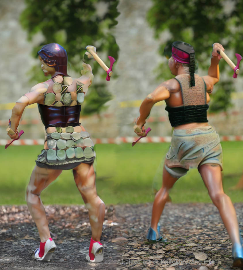 Wooden figurines: Women competing in axe throwing duel competition; AI aided art;