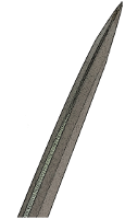 Blunt blade of a throwing knife, tapering down and flattening to a pointy tip. Click for a schematic drawing.